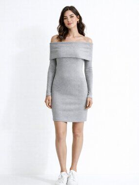 Aritzia Wilfred Leonie Sweater Dress Ribbed Off-Shoulder Heather Grey Size Small